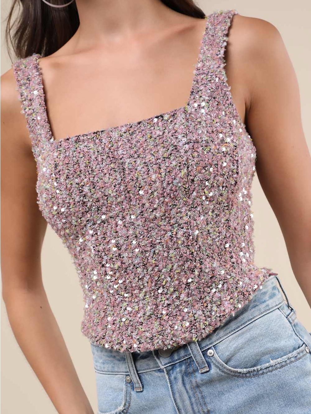 Lulus Noteworthy Crush Pink Boucle Sequin Tank Top Size Large NWT